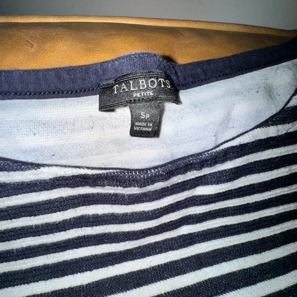 Talbots Petite Navy and White Striped shirt